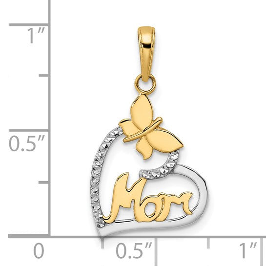 14K with White Rhodium Diamond-cut Butterfly Mom in Heart Pendant (Pendant only)