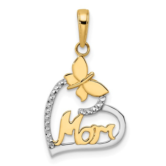 14K with White Rhodium Diamond-cut Butterfly Mom in Heart Pendant (Pendant only)