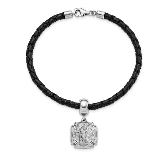 Sterling Silver St. Florian Charm Bead Black Leather Bracelet 7.5in