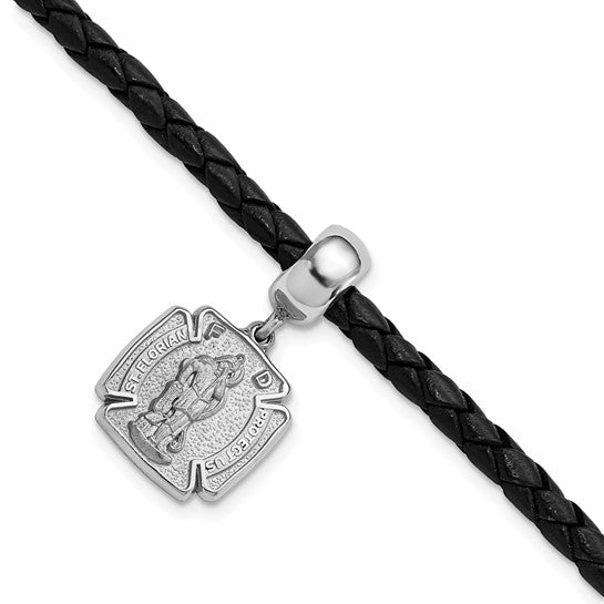 Sterling Silver St. Florian Charm Bead Black Leather Bracelet 7.5in