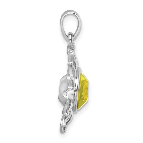 Sterling Silver Rhodium-Plated Citrine Clear Crystal Sun Pendant 18-20in Chain w/ Magnetic Clasp