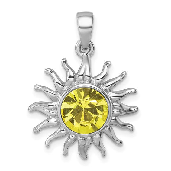 Sterling Silver Rhodium-Plated Citrine Clear Crystal Sun Pendant 18-20in Chain w/ Magnetic Clasp