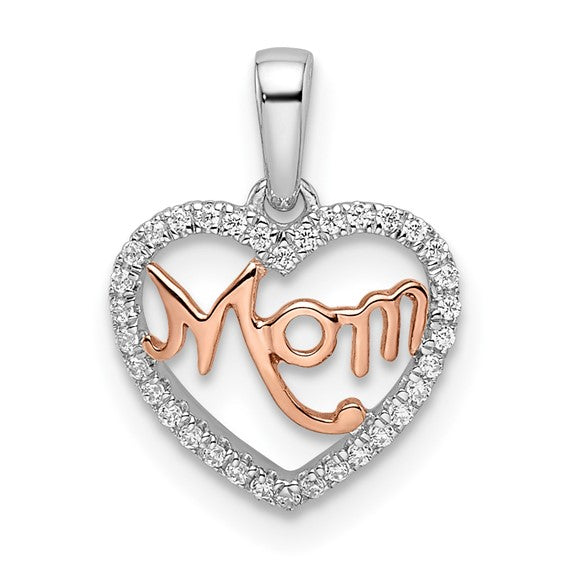 14k Two-tone Diamond White and Rose Mom Heart Pendant (Pendant only)