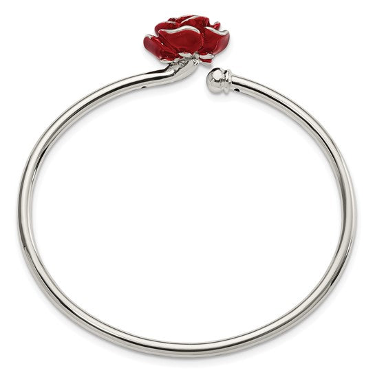 Sterling Silver Polished Enameled Rose Flexible Bangle