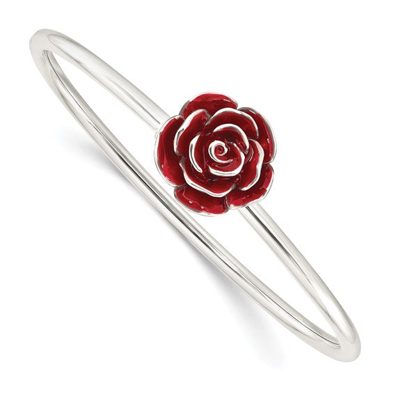 Sterling Silver Polished Enameled Rose Flexible Bangle