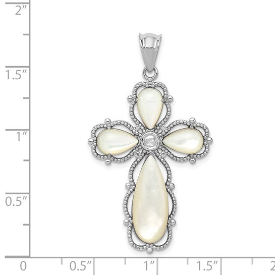 Sterling Silver Rhodium-plated Mother of Pearl Cross Pendant (Pendant only)