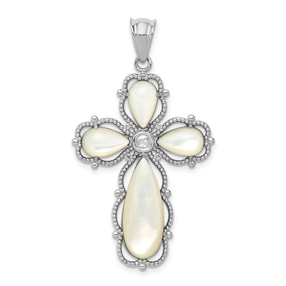 Sterling Silver Rhodium-plated Mother of Pearl Cross Pendant (Pendant only)