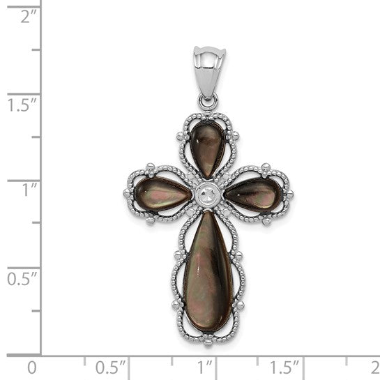 FYD - Sterling Silver Rhodium-plated Black Mother of Pearl Cross Pendant 18-20in chain with magnetic clasp