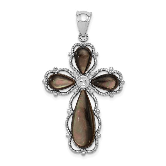 FYD - Sterling Silver Rhodium-plated Black Mother of Pearl Cross Pendant 18-20in chain with magnetic clasp