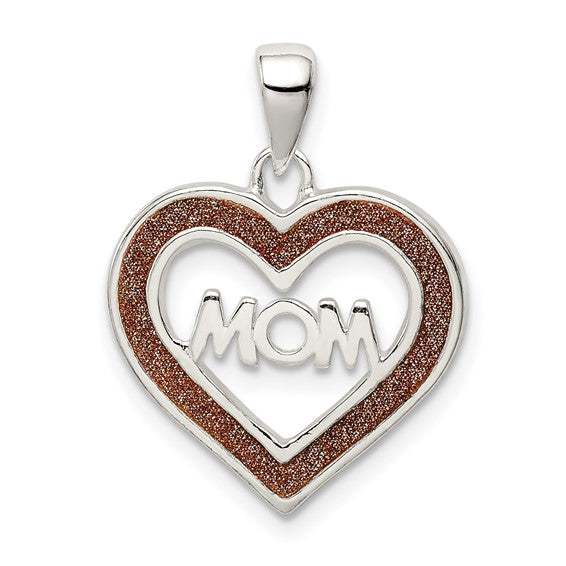 Sterling Silver Rhodium-plated Glitter Infused Mom Heart Pendant (Pendant only)