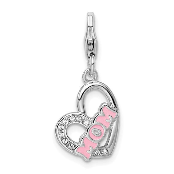 Sterling Silver Rhodium-plated Polished Enameled with Crystal From Swarovski MOM Heart Charm with Fancy Lobster Clasp