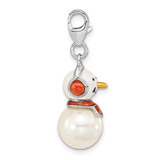 Amore La Vita Sterling Silver Rhodium-plated Polished 3-D Mother of Pearl and Enameled Snowman Charm with Fancy Lobster Clasp