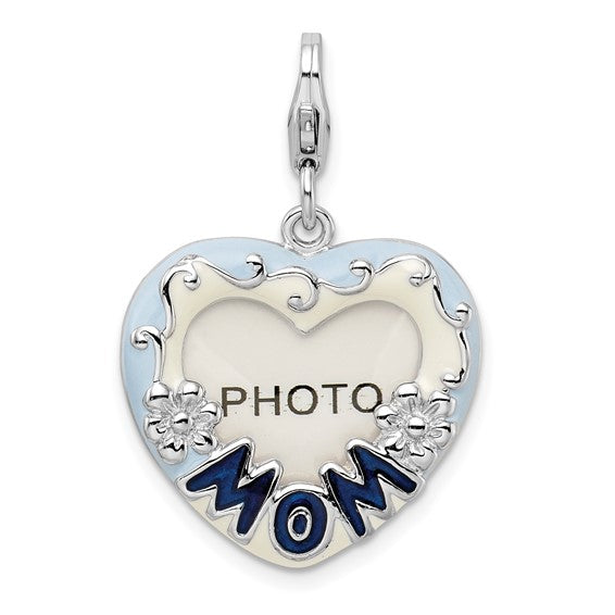 Sterling Silver Rhodium-plated Polished Blue Enameled MOM Photo Charm with Fancy Lobster Clasp