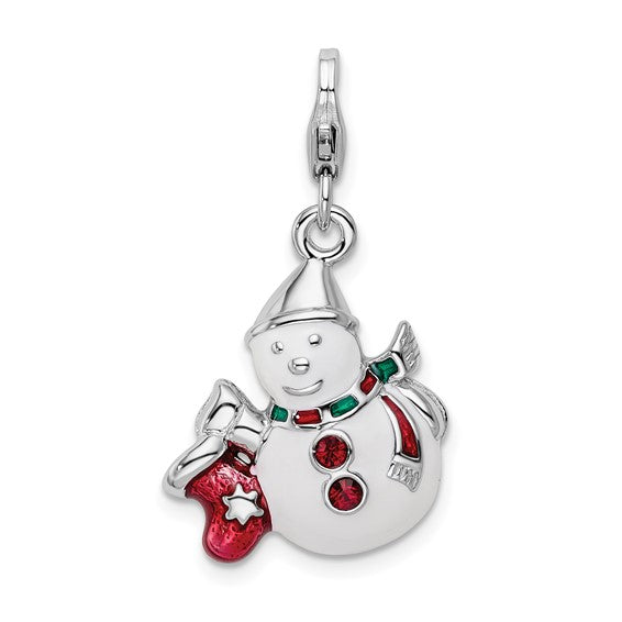 Amore La Vita Sterling Silver Rhodium-plated Polished 3-D Enameled Crystal From Swarovski Snowman Charm with Fancy Lobster Clasp