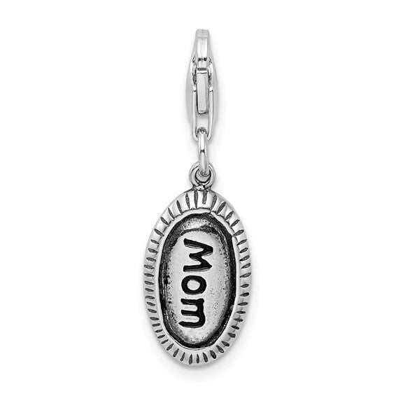 Sterling Silver Rhodium-plated Polished Antiqued MOM Charm with Fancy Lobster Clasp