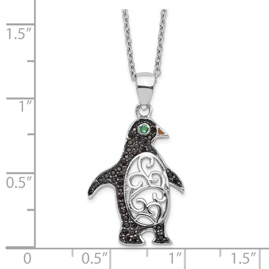 Sterling Silver Rhodium-plated with Black Rhodium Accent Filigree Brilliant-cut Green Glass and Brilliant-cut Black and White CZ Penguin