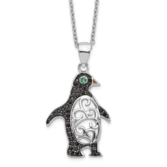 Sterling Silver Rhodium-plated with Black Rhodium Accent Filigree Brilliant-cut Green Glass and Brilliant-cut Black and White CZ Penguin