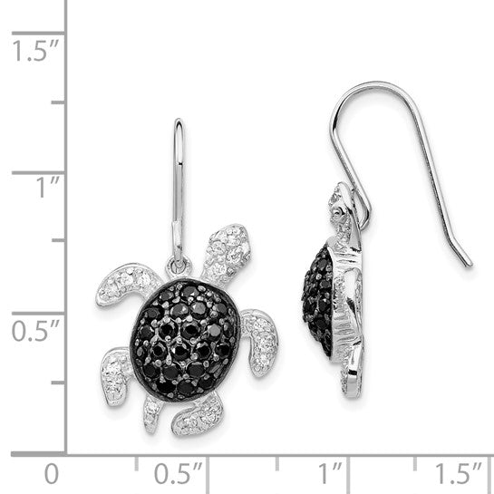 Sterling Silver Rhodium-plated with Black Rhodium Accent Brilliant-cut Black and White CZ Turtle Shepherd Hook Dangle Earrings