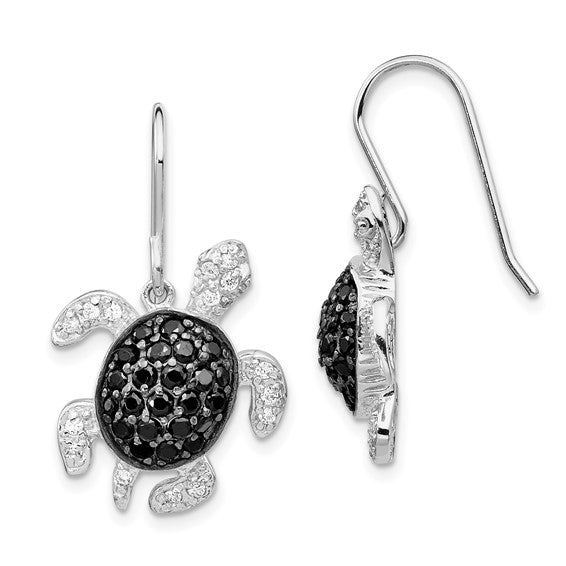 Sterling Silver Rhodium-plated with Black Rhodium Accent Brilliant-cut Black and White CZ Turtle Shepherd Hook Dangle Earrings