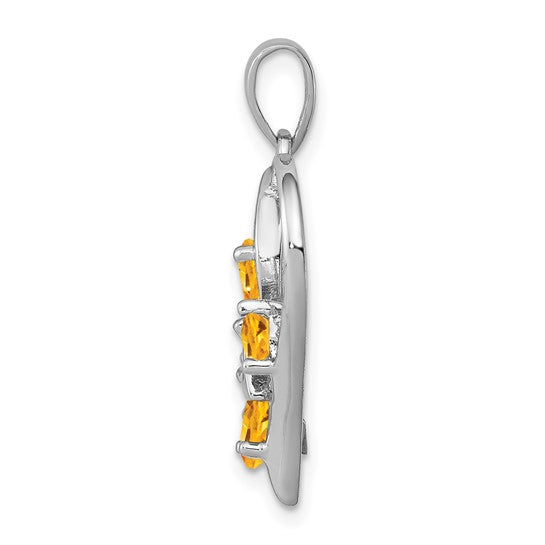 Sterling Silver Rhodium Citrine and Diamond Butterfly Heart Necklace 18-20in Chain w/ Magnetic Clasp