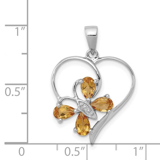 Sterling Silver Rhodium Citrine and Diamond Butterfly Heart Necklace 18-20in Chain w/ Magnetic Clasp