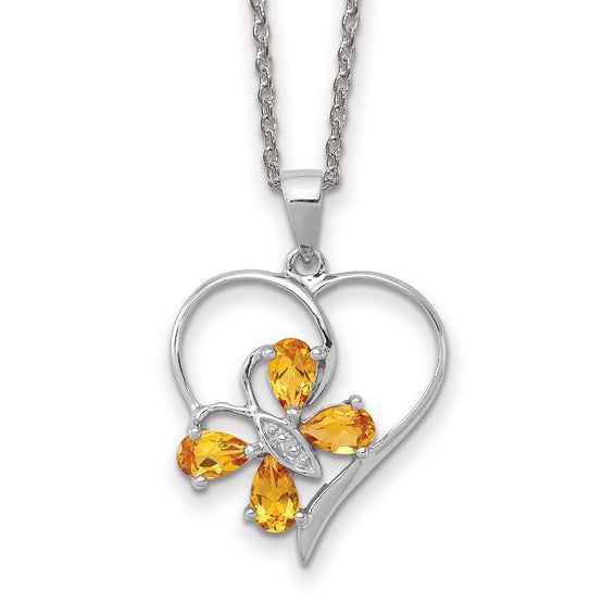 Sterling Silver Rhodium Citrine and Diamond Butterfly Heart Necklace 18-20in Chain w/ Magnetic Clasp