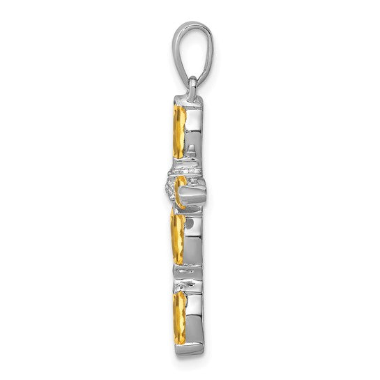 Sterling Silver Rhodium Citrine and Diamond Cross Pendant 18-20in Chain w/ Magnetic Clasp