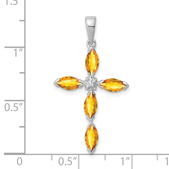 Sterling Silver Rhodium Citrine and Diamond Cross Pendant 18-20in Chain w/ Magnetic Clasp