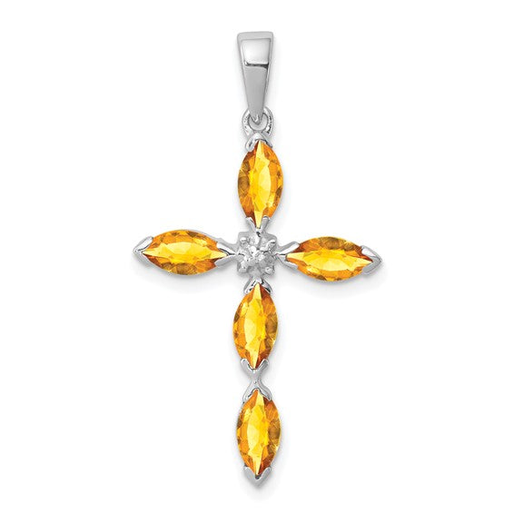 Sterling Silver Rhodium Citrine and Diamond Cross Pendant 18-20in Chain w/ Magnetic Clasp