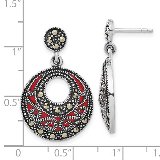 Sterling Silver Marcasite and Red Epoxy Dangle Post Earrings