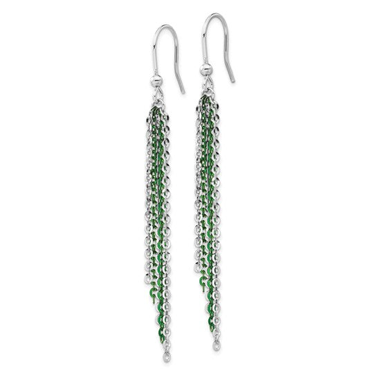 Sterling Silver Rhodium and Green Flash-Plated Chain Dangle Earrings