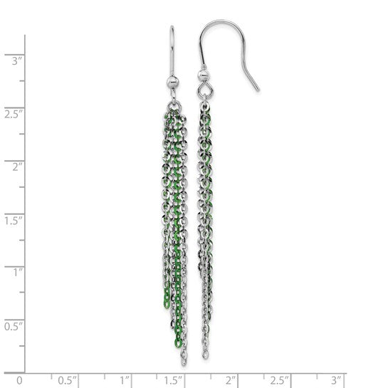 Sterling Silver Rhodium and Green Flash-Plated Chain Dangle Earrings