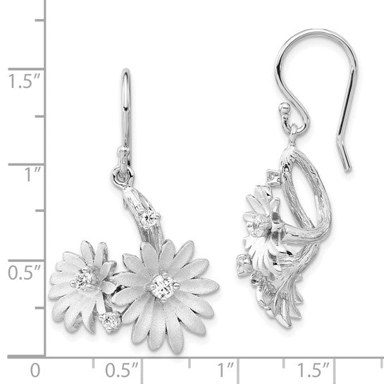 Sterling Silver Polished and Satin CZ Flower Dangle Earrings