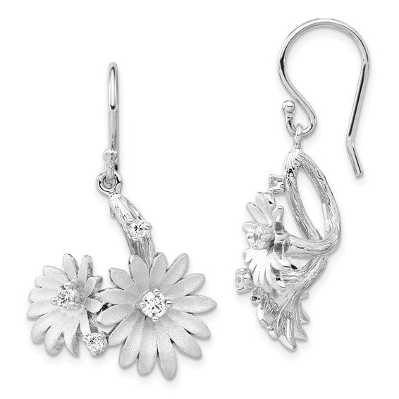 Sterling Silver Polished and Satin CZ Flower Dangle Earrings