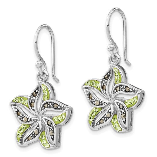 Sterling Silver Marcasite and Green Crystal Flower Dangle Earrings