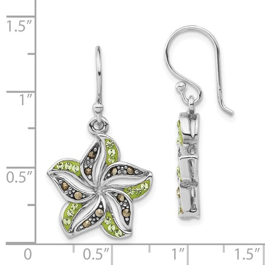 Sterling Silver Marcasite and Green Crystal Flower Dangle Earrings