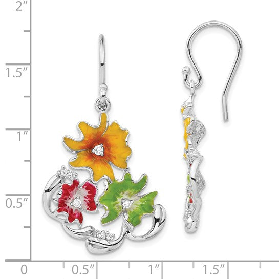 Sterling Silver Red, Green and Yellow Enamel CZ Flowers Dangle Earrings