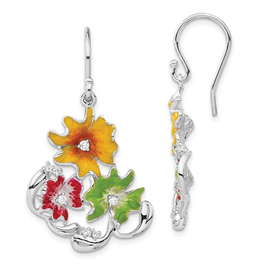 Sterling Silver Red, Green and Yellow Enamel CZ Flowers Dangle Earrings