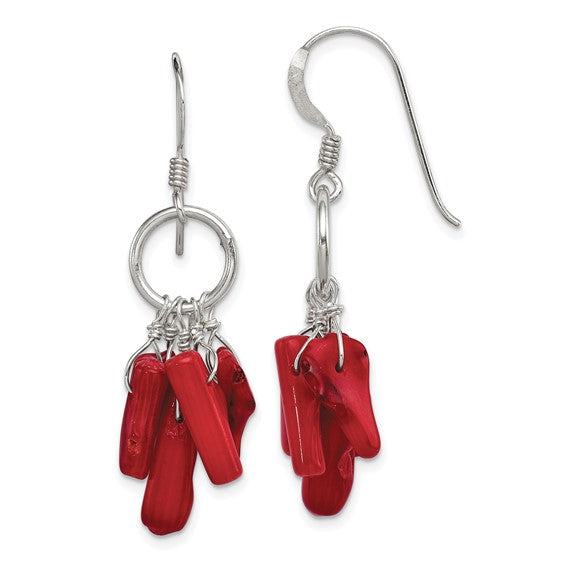 Sterling Silver Polished Red Coral and Circle Dangle Earrings