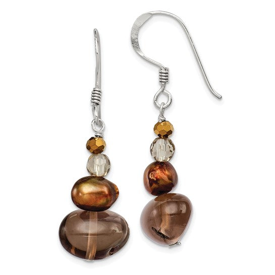 Sterling Silver Polished FWC Pearl, Crystal and Smoky Quartz Dangle Earrings