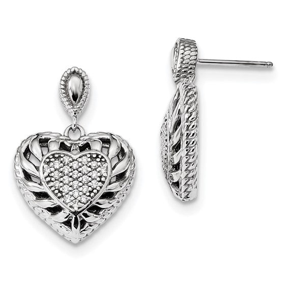 Sterling Silver Rhodium-plated Polished CZ Heart Dangle Post Earrings