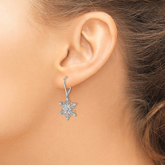 Sterling Silver Rhodium Diam. Snowflake Leverback Earrings