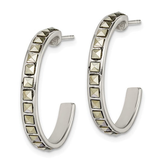 Sterling Silver Square Marcasite 25x3.5 Hoop Post Earrings