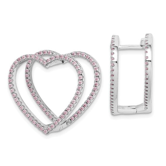 Sterling Silver Rhodium-plated Pink CZ Heart Hinged In/Out Earrings