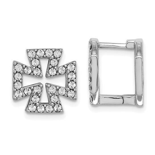 Sterling Silver RH-plated Blk Enamel Cross Crystal Hinged Earrings