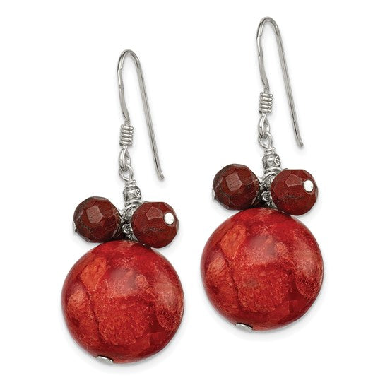 FYD - Sterling Silver Faceted Red Jasper and 14mm Reconstituted Coral Earrings