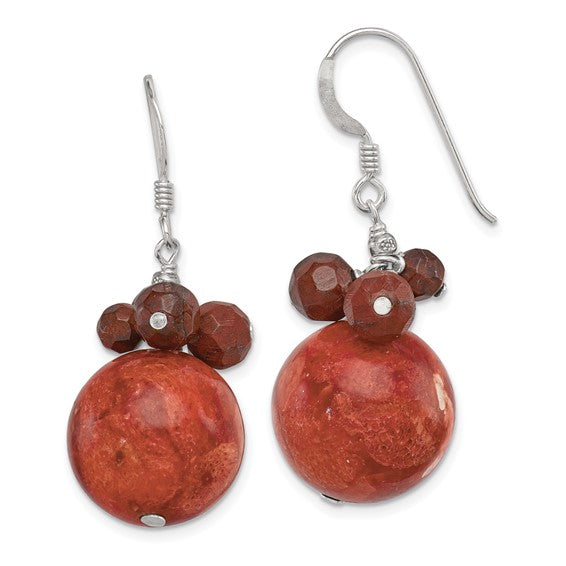 FYD - Sterling Silver Faceted Red Jasper and 14mm Reconstituted Coral Earrings