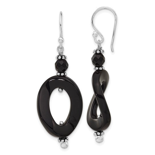 Sterling Silver Onyx Oval Twist Dangle Earrings