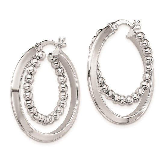 Sterling Silver Rhodium Plated Intertwining Beaded Hoop Earrings