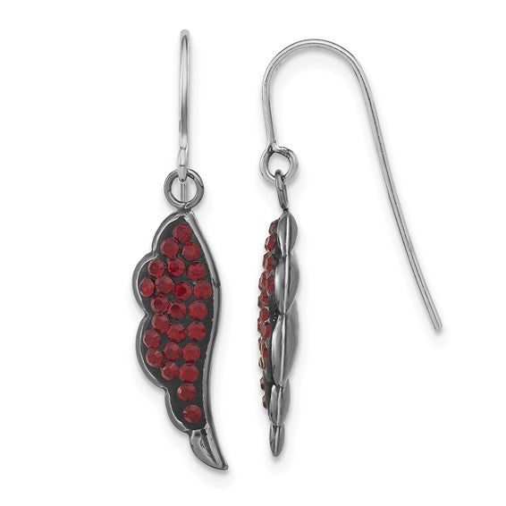 Sterling Silver Black Ceramic Red Swarovski Crystal Wing Dangle Earrings